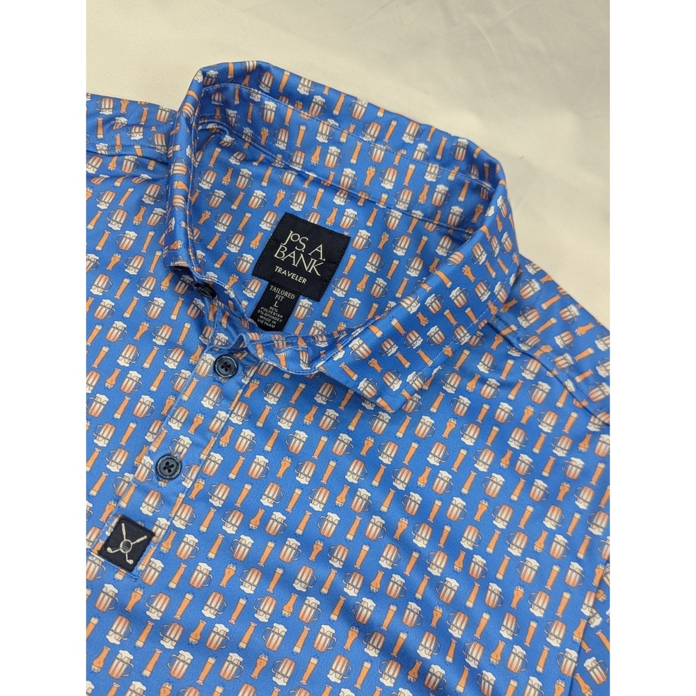 Jos A Bank Shirt Mens Large Short Sleeve Golf Polo Beers All.Over Print Blue